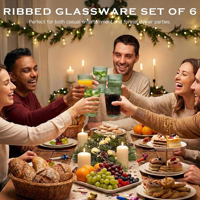 Green Ribbed Highball Glasses Set of 6, 13.2oz Sage Green Colored Glassware, Drinking Glasses for Water, Juice, Iced Coffee, Cocktails, Green Glass Cups, Housewarming Christmas Gift