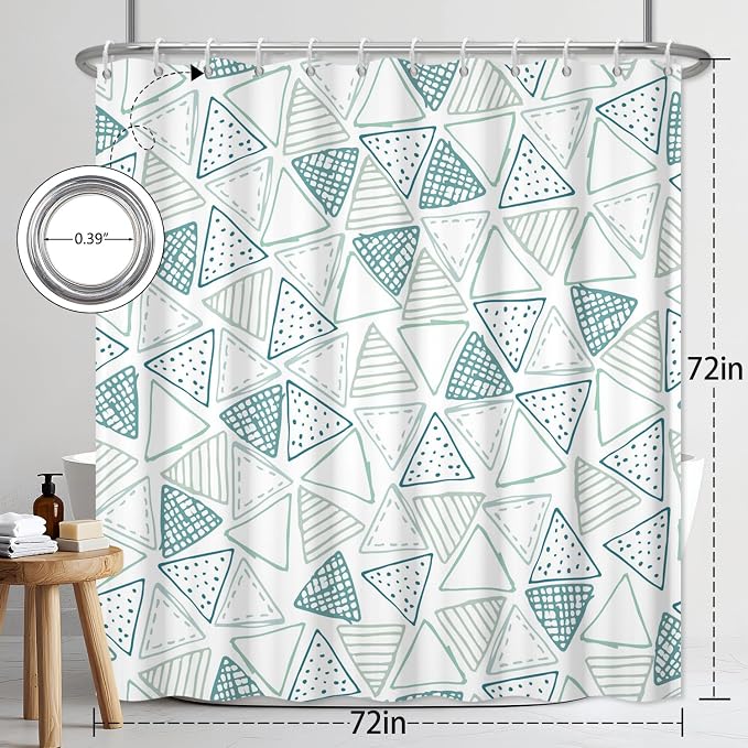 Mint Green Shower Curtain for Bathroom, Waterproof Machine Washable Ployester Fabric Shower Curtain Set with 12 Hooks, Triangle Modern Art Abstract Geometric Decorative Bath Curtains, 72x72 Inches