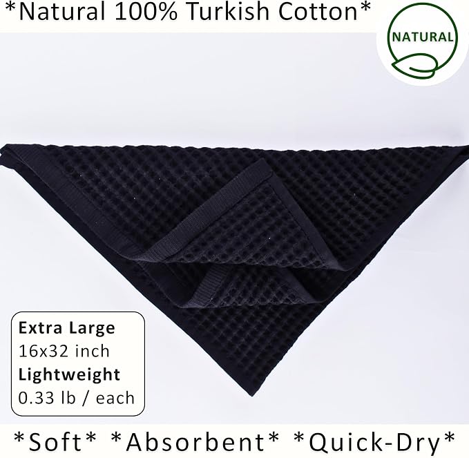 PÜSKÜL Natural 100% Turkish Cotton Waffle Kitchen Towels Set of 3 | Oeko-Tex, Premium Waffle Hand Towels for Bathroom | Soft Absorbent Quick-Dry Lint-Free Dish Towel Large 32x16 inch (3, Black)