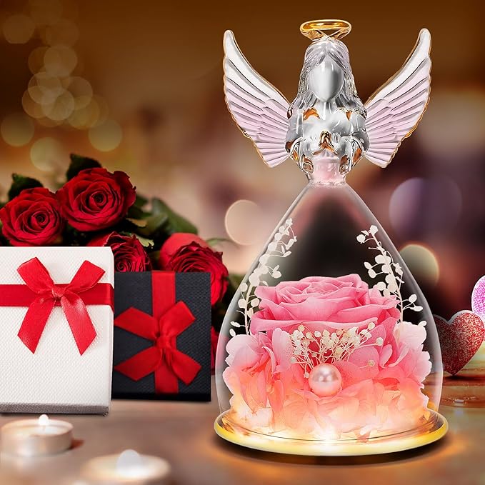 LURLIN Birthday Rose Gifts for Women - Preserved Flowers, Glass Angel Figurines with LED Forever Rose for Mom, Grandma, Wife, Friend, Teacher, Nurse, Anniversary Day Girls Gift