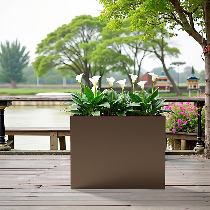 Casaphoriar Metal Planter Box 36"x9"x28", Rectangular Planter with Inner Shelf and Drainage Holes, Perfect for Outdoor Patio and Balcony Decor, Brown