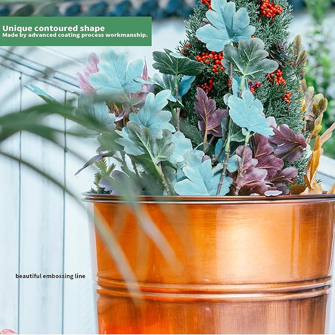 28in Tall Copper Planters Set of 2,Galvanized Steel Tall Outdoor Planter for Indoor/porches- Copper Color(2planters,2inner pots with Holes,2trays)