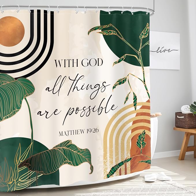 Glawry Green Boho Bible Verse Shower Curtain Christian Scripture Inspirational Quotes Abstract Tropical Palm Bathroom Mid Century 60Wx72L Inches Bath Accessories Art Home Decor Fabric 12 Hooks