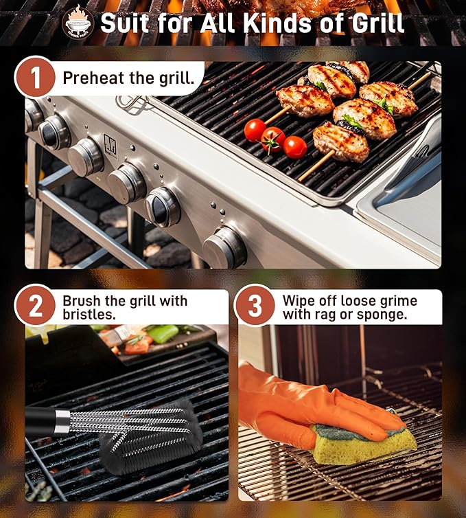 PePeng BBQ Grill Cleaning Brush, Heavy Duty Grill Cleaning Brush for Outdoor Grill, 3-Branch Stainless Steel Bristles Cleaner for Easier and Effective Clean, BBQ Tools for Gas/Charcoal Grilling Grates