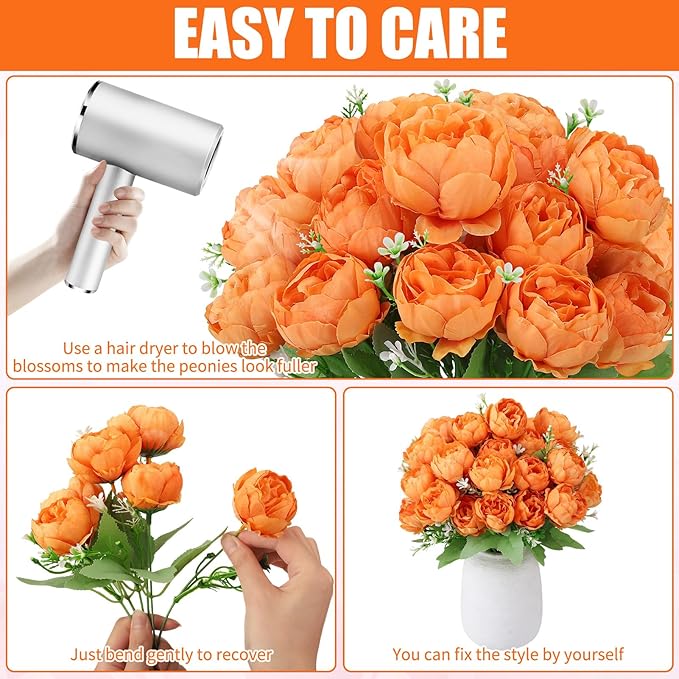 8 Pack Orange Peonies Artificial Flowers, Fall Fake Silk Hydrangea Bouquet for Bridal Wedding Home Table Decor Reusable Dining Opening Ceremony Birthday Arrangement Faux Floral