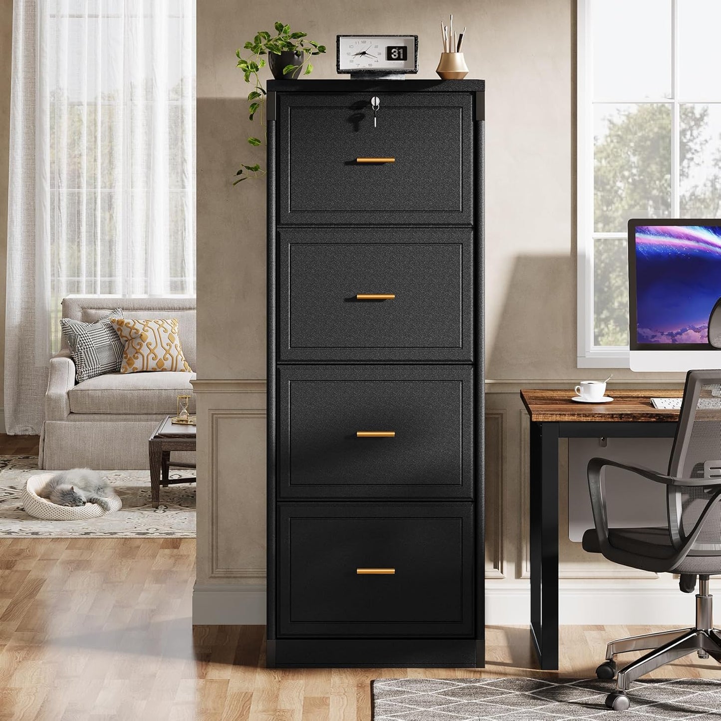 Tribesigns 4-Drawer File Cabinet - Lockable Wooden Filing Cabinet for Home Office | Black, Vertical Storage for Legal/Letter/A4 Files