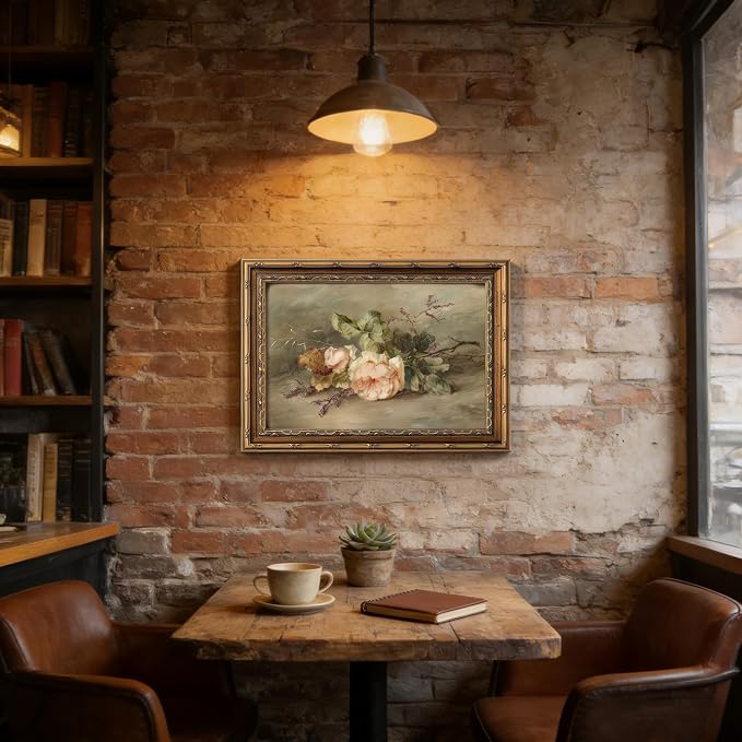 Vintage Gold Framed Flower Still Life Wall Art Retro Rose and Wildflower Wall Decor Pink Floral Print artwork Farmhouse Country Flower painting Picture for Gallery Kitchen Living Room Bedroom 9X11in