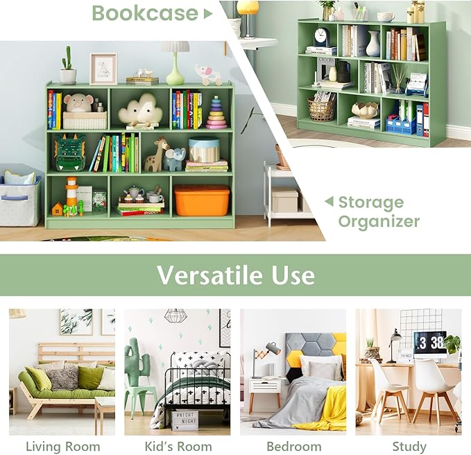 KOTEK Toy Storage Organizer, 5 Cubby Kids Bookshelf, Wooden 3-Tier Bookcase Storage Cabinet, Open Display Book Shelf for Daycare, Nursery, School Classroom, Living Room (Green, 8 Cubes)