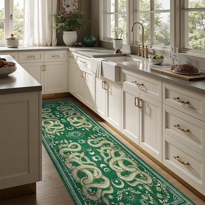 DCX Washable 2x6 Snake Runner Rug, Green Gothic Rug for Living Room, Soft Low Pile Carpet, Kid & Pet Friendly with Rubber Back Non Slip, Stain Resistant Rug for Bedroom Dining Room Office