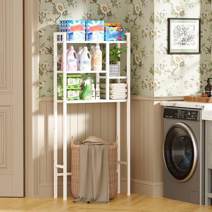 Asgolion Over The Toilet Storage Rack, 3-Tier Bathroom Organizer Over Toilet, Wooden Above Toilet Storage Shelf, Space Saver, Freestanding Bathroom Storage Metal Shelf, Easy to Assemble, White