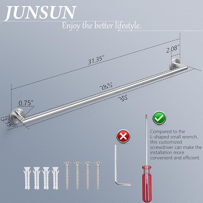 JunSun Towel Bar 30 Inch Bathroom Towel Rack Heavy Duty Bath Towel Holder Modern Towel Rod Brushed Silver Towel Hanger Bathroom Accessories Silver Towel Rail Stainless Steel Single Bar Brushed Nickel