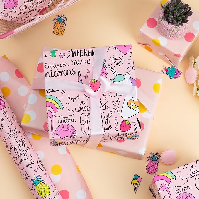 Burymento Pink Unicorn Wrapping Paper, Reversible Dot Design Gift Wrap for Birthday, Valentines, Mothers day, Graduation, Wedding, Fathers day, Baby Shower, Christmas (17 IN x 32.8 FT)