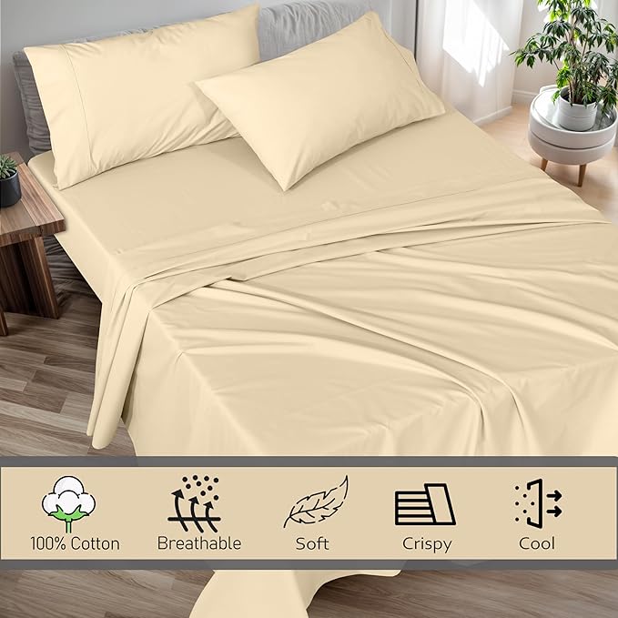 RUVANTI 100% Cotton Twin XL Sheet Sets, 3 Pieces, Soft & Breathable Percale Weave Bedding, Deep Pocket 16", Hotel Standard, Crisp Cool Feel, Durable, Perfect Size Dyed Sheets, Beige