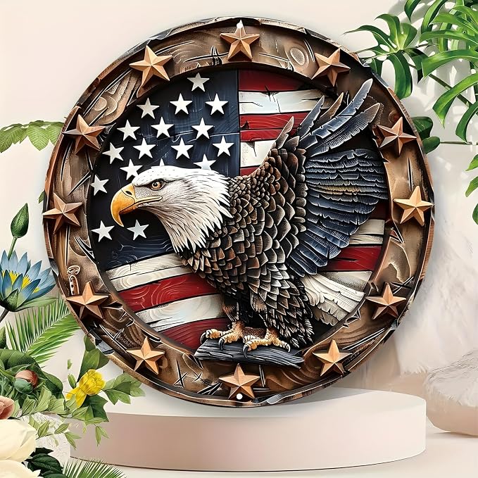 Eagle Wings Patriotic Aluminum Metal Wall Art - Weatherproof Round American Flag with Bald Eagle Decor, Pre-Drilled HD Print Sign for Home, Garage, Bar, Cafe7.98x7.98Inch Diameter