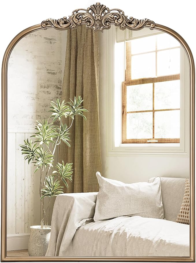 Gold Vintage Mirror, 30” x 40” Arched Antique Gold Tempered Glass Mirror for Fireplace Mantel, Baroque Brass Bathroom Mirrors for Wall with Metal Frame for Entryway, Bedroom, Living Room