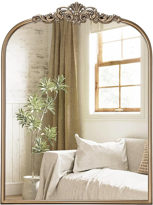 Gold Vintage Mirror, 30” x 40” Arched Antique Gold Tempered Glass Mirror for Fireplace Mantel, Baroque Brass Bathroom Mirrors for Wall with Metal Frame for Entryway, Bedroom, Living Room