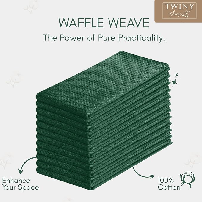 TWINY threads Waffle Weave Kitchen Towel Set of 12, 16x26 Inches, Premium 100% Cotton Dishcloths with Hanging Loop, Absorbent, Quick Drying Cloths for Drying Dishes, Washable, Reusable, Forest Green