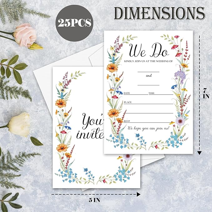 Wildflower Wedding Invitations, 5"x 7" Spring Wreath Wedding Invites Card With Envelopes, 25 PCS for Party Decorations and Supplies - A04