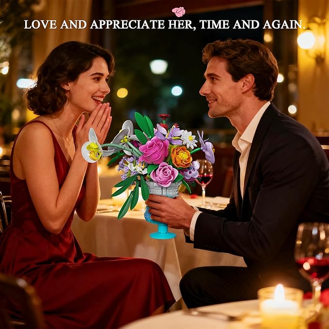 Flower Building Set with Vase, Artificial Botanical Flower Set for Adults Women, Home Décor Display, Romantic Gift for Christmas, Valentine’s Day, Compatible with Lego Flower, 956 PCS