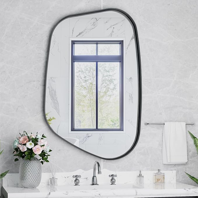 Irregular Wall Mirror 26"x40" Bathroom Mirrors Asymmetrical Artistic Decorative for Living Room Bedroom Bathroom Hallway Entryway,Trapezoid,Black