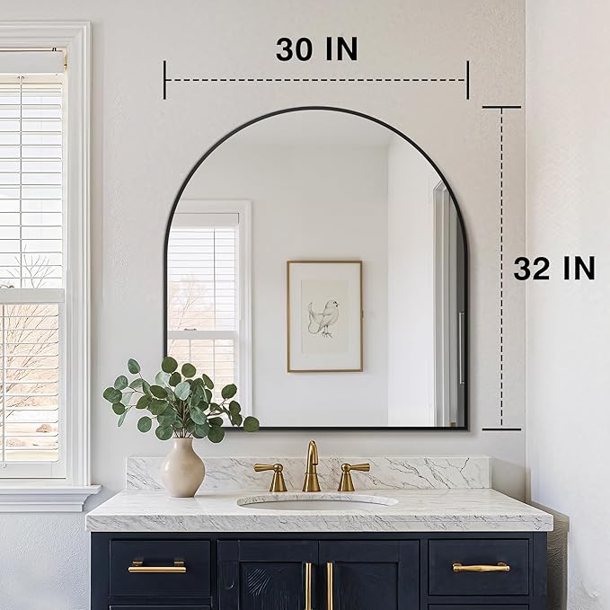 FICTOR Bathroom Mirror for Wall, Arched Vanity Bathroom Mirror for Over Sink, Metal Framed with HD Shatter-Proof Glass for Entryway, Living Room,Bedroom(30” x 32”, Black)