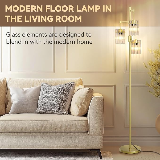 Gold Modern Standing Tall Floor Lamp for Living Room Dimmable, LED Glass Crystal Industrial Tree Lamp for Bedroom, Farmhouse Rustic Home Decor Fancy Light with 3 Bulbs
