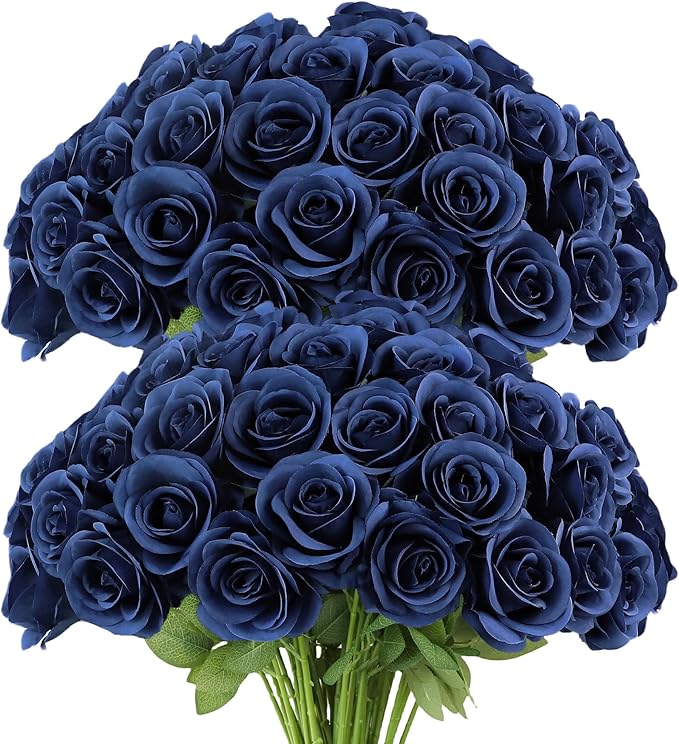 Artificial Rose Flower Artificial Flowers Flower with Long Stem Silk Roses Bouquet for Wedding Bridal Shower Party Home Decoration (Navy Blue, 50 Pcs)