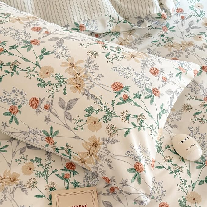 EAVD Garden Botanical Floral Duvet Cover Full White Soft 100% Cotton Flowers Leaves Pattern Bedding Set with 2 Pillowcases Reversible Black White Striped Comforter Cover with Zipper Closure