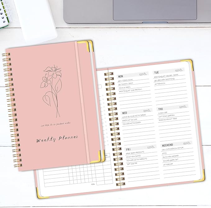 Undated Weekly Planner with Metal Corner Hardcover Notebook , A5 Size Journal with To Do List Planner, Habit Tracker,Weekly Goals for ADHD,Student, Office, Women, Men ,Gifts,6 x 8 inches，Spiral Bindding ,Pink