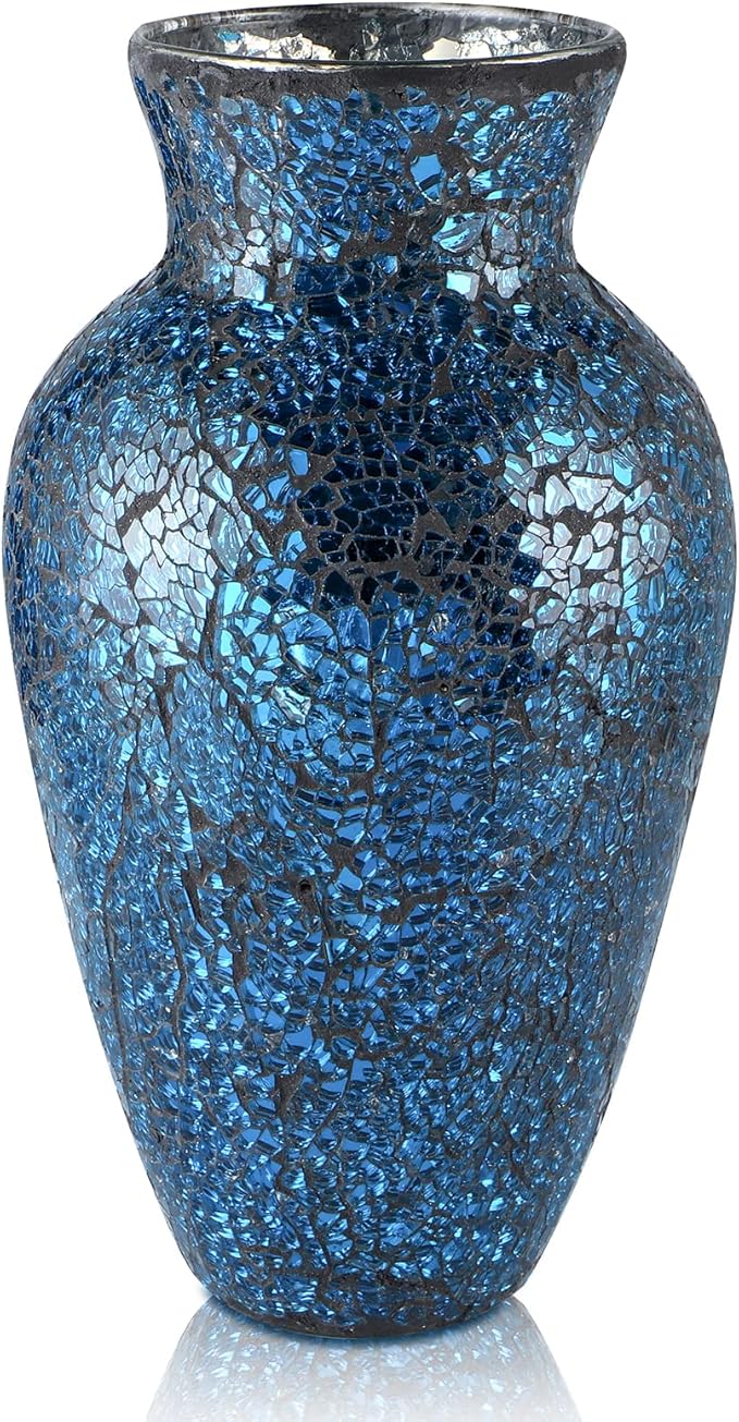 MDLUU Mosaic Vase 11" Tall, Handcrafted Cracked Glass Vase, Decorative Flower Vase for Home Decor, Wedding, Table Centerpiece, Gift (Navy Blue)