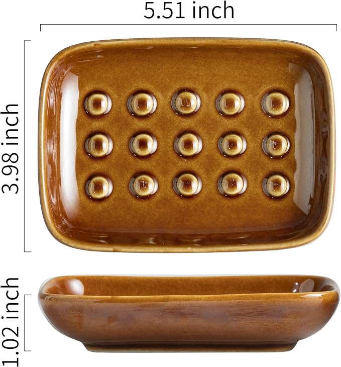 Miamolo Soap Dish for Shower, Ceramic Soap Dish for Bar Soap Sponge, Soap Holder Saver Tray for Bath Kitchen Sink Bathtub, Farmhouse Decor, Raised Pattern - Keep Soap Dry, Dark Brown