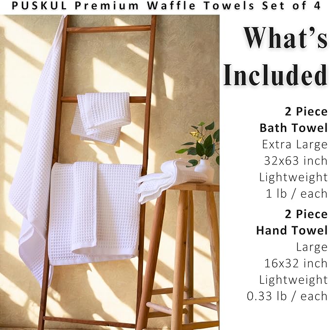 PÜSKÜL 4-Piece Natural 100% Turkish Cotton Luxury Waffle Towels for Bathroom | Premium Quality Honeycomb Weave 2 Hand Towel & 2 Bath Towel Set | Soft Absorbent Quick-Dry Lightweight Towels (White)