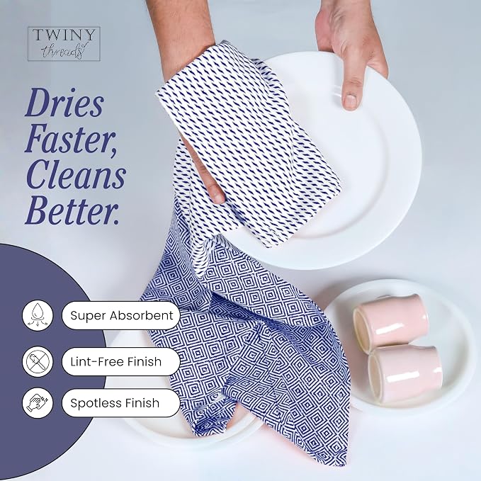 TWINY threads Dish Towel Diamond Pattern, Premium 100% Cotton Kitchen Linen Set, Large Wash Rags for Drying Dishes, Absorbent Quick Drying, Reusable, 4 Pack, 18"x26", Indigo Blue