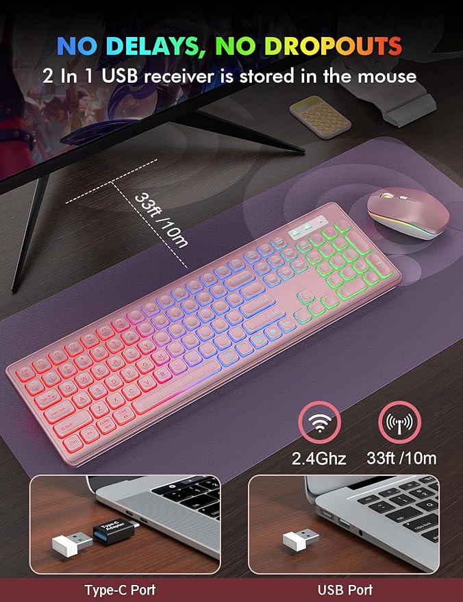Wireless Keyboard and Mouse Combo, RGB Backlit, Rechargeable & Light Up Letters, Full-Size, Soft Typing, Sleep Mode, 2.4GHz Quiet Keyboard Set for Mac, Windows, Laptop, PC, Trueque (Rose Pink)