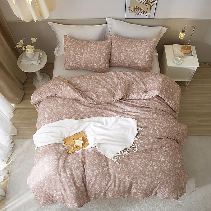 Twin Duvet Cover Floral 100% Cotton Girls Aesthetic Bedding Set Botanical Flowers Comforter Cover Twin with 2 Pillowcases Garden Style Chic Floral Bedding Duvet Cover Set Cottagecore,Mauve Brown