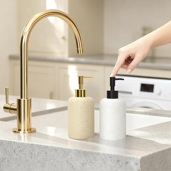 13.5 oz Bathroom & Kitchen Countertop Soap Dispenser, Travertine-Look Durable Resin Bottle with ABS Pump (White)