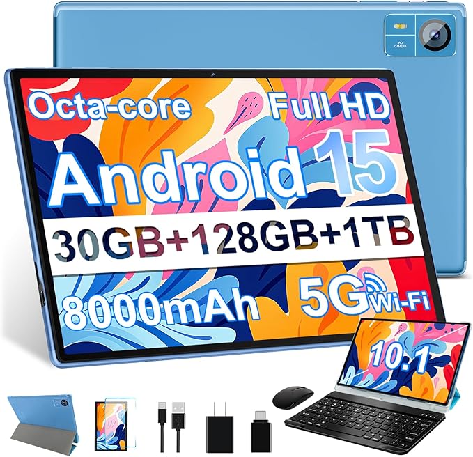 SUAAT Android 15 Tablet 30GB RAM 128GB ROM 1TB Expand, 10.1 Inch Tablets with Keyboard Mouse, Octa-Core, 8000mAh, HD IPS Display, 5G WiFi BT 5.0 GPS, Widevine L1, Gemini AI, Dual Camera - Blue