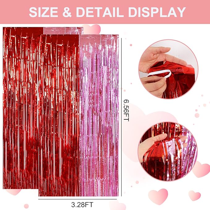 TONIFUL Valentine's Day Door Streamers,Red and Pink Photo Booth Backdrop Metallic Streamers Foil Fringe Curtain for Birthday Valentine's Day Bridal Shower Engagement Party Decoration