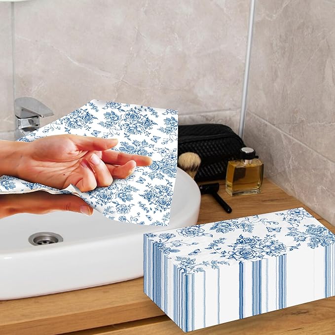 100pcs Blue Floral Napkins Disposable Hand Towels for Bathroom 3 Ply Blue and White Guest Decorative Paper Napkins for Bridal Tea Wedding Birthday Party Supplies Table Decorations