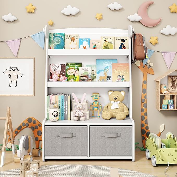 Kids Bookshelf and Toy Storage Organizer, 3 Tier Bamboo Todders Book Shelf Large Book Rack for Child Room Playroom Nursery for Kids, Children, Toddlers (White)