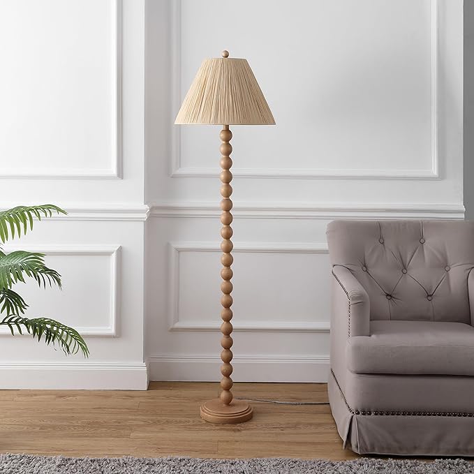 JONATHAN Y 61.5" Brown Wood Finish Bobbin LED Floor Lamp, Modern Rustic Spindle Standing Lamp with Light Brown Pleated Paper Shade, Farmhouse Decor, LED Bulb Included JYL5400A