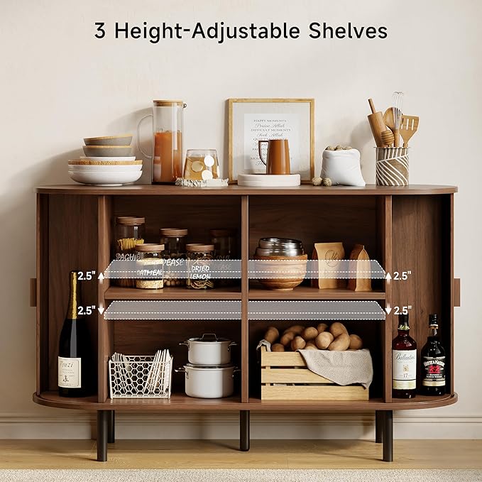 Buffet Sideboard Cabinet with Storage, 48" Fluted Cabinet with Sliding Door & Adjustable Shelf, Modern Accent Coffee Bar Console Table for Kitchen, Entryway, Walnut