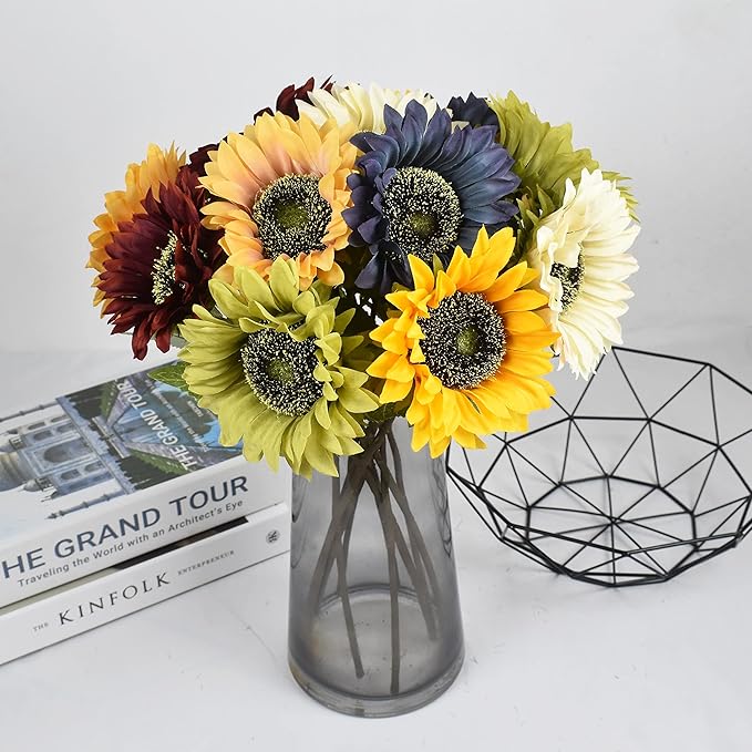 Multicolor Artificial Sunflower Flowers Long Stem Large Silk Sunflowers Bridal Wedding Bouquet 6pcs Fake Yellow Flower Arrangements for Outdoor