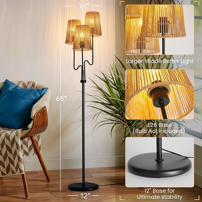 Boho Floor Lamp, 68in. Rattan Floor Lamps with Rattan Shade,3 Light Tree Standing Lamp for Bedroom,Nursery,E26 Socket, Living Room Floor Lamp for Rustic,Coastal, Beach or Bohemian Decor (Black)