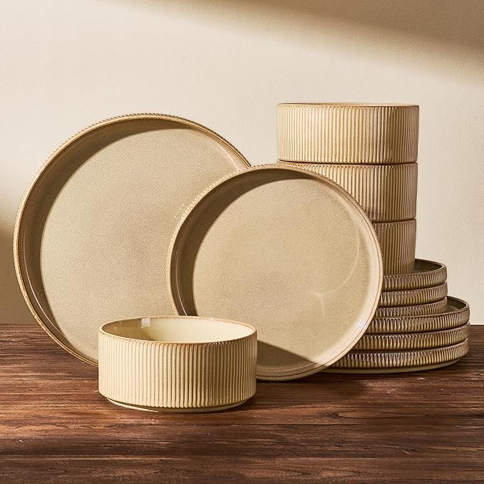Stoneware Dinnerware Sets, Handcrafted Double Reactive Glaze Plates and Bowls for Everyday & Formal Dining, Microwave & Dishwasher Safe, Scratch Resistant Dishes Service for 4 (12-Piece), Cream
