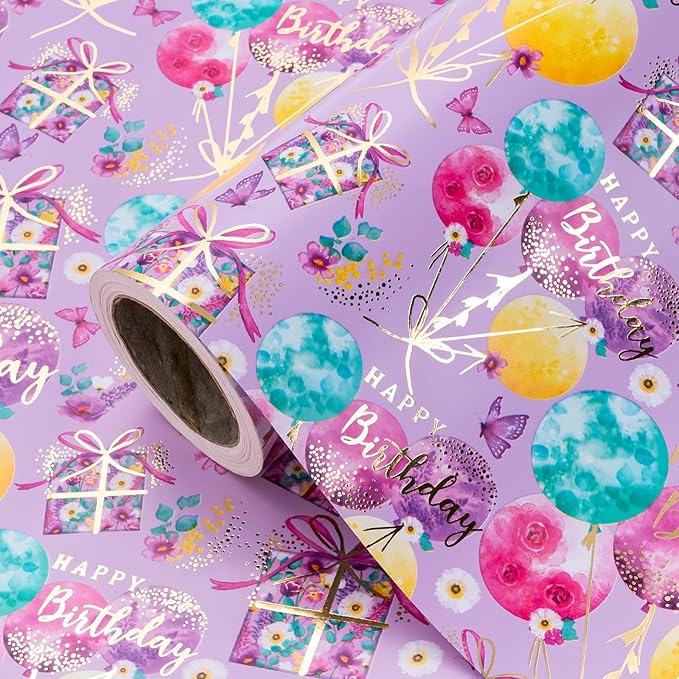 WRAPAHOLIC Purple Birthday Wrapping Paper - Mini Roll - 17 Inch x 16.5 Feet - Gold Foil Fantasy Purple Happy Birthday Paper for Kids, Girls, Women, Wedding, Bridal Shower