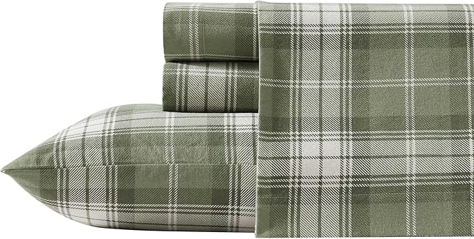 Eddie Bauer - Twin Bed Sheets, Cotton Flannel Bedding Set with Matching Pillowcase, Brushed for Extra Softness, Deep Pocket, Oeko-Tex Certified (Heartland Plaid Green)