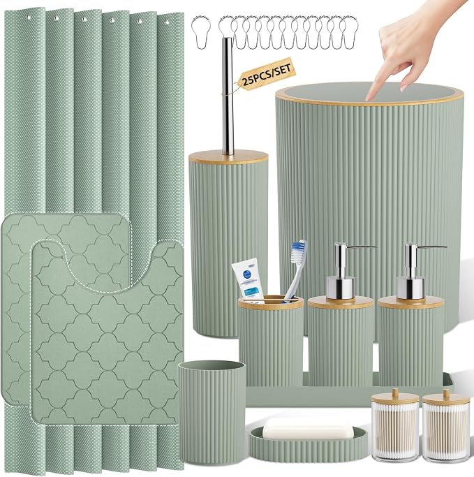 Sage Green Bathroom Accessories Set, 25 Pcs Bathroom Decor Set with Shower Curtain, Rugs, Trash Can, Soap Dispenser, Toothbrush Holder, Tumbler, Soap Dish, Storage Jars and Hooks for Guest Bath
