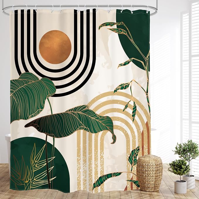 Glawry Green Boho Mid Century Shower Curtain Extra Long Abstract Retro Tropical Palm Tree Plant Sun Arch Minimalist Bathroom Modern 72Wx96L Inches Bath Accessories Art Home Decor Fabric 12 Pack Hooks
