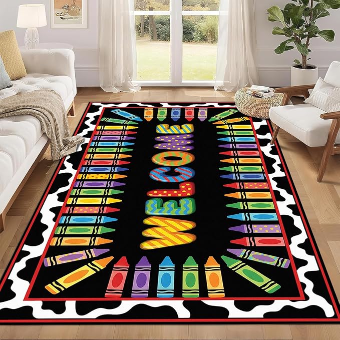 Welcome Crayon Area Rug 4'x6' Colorful Alphabet Rugs for Bedroom Living Room Nursery Playroom Classroom Home Decor Non-Slip Washable Carpet Kids Floor Mat